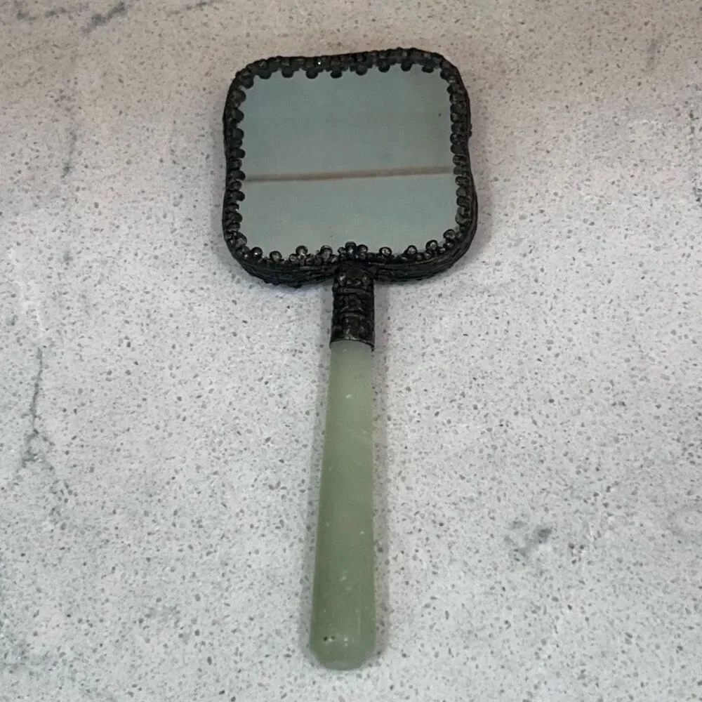 Vtg Chinese Hand Mirror Rounded Corner Squircle W/ Jade Handle & Porcelain Back
